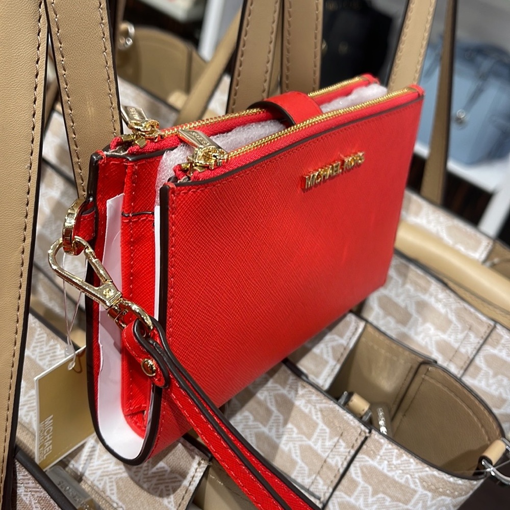 Michael Kors Jet Set Travel Large Double Zip Leather Wristlet phone holder NWT - Picture 11 of 16